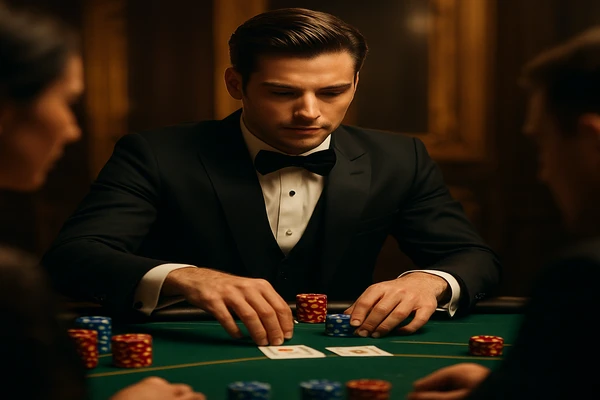 একজন নারী একটি ল্যাপটপে অনলাইন গেম উপভোগ করছেন, চারপাশে জ্বলজ্বল করা ক্যাসিনো পরিবেশ ছড়িয়ে পড়েছে